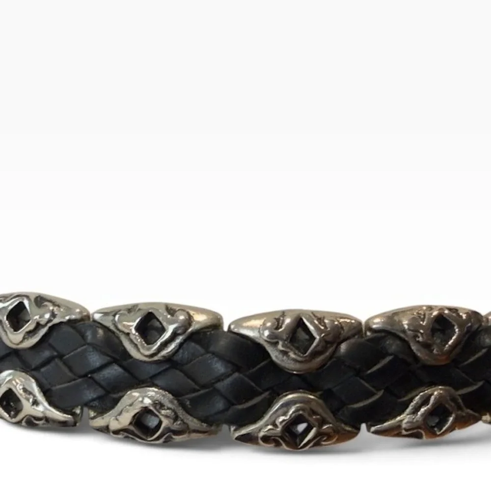 Capezio Belt Womens S M Black Braided Leather Silver Western Boho Statement Vtg